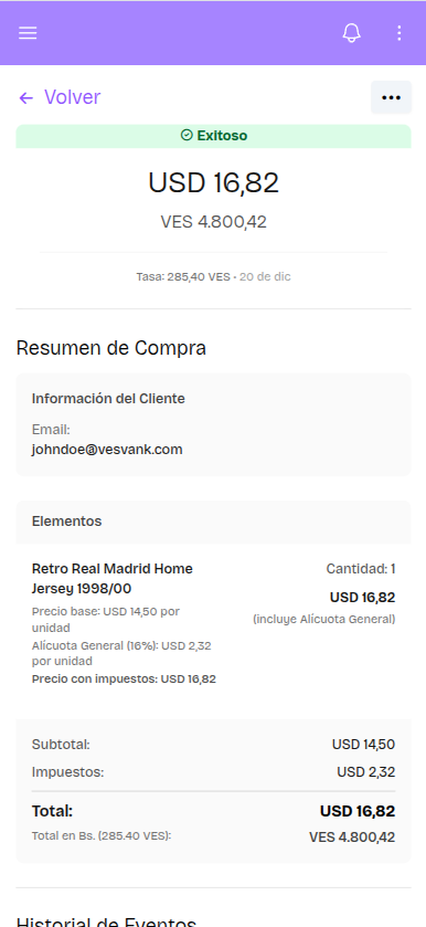 Backoffice con datos del pago